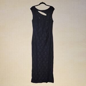 Sequined Floral Mesh Evening Gown Bodycon Cut Slit Neckline Size 12 Deep Blue